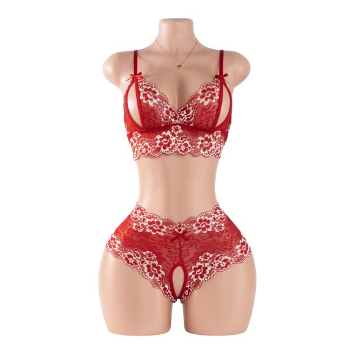 Set de dantelă pentru femei cu model floral, sutien deschis cu decupaje și fundițe și chiloți transparenți cu deschidere