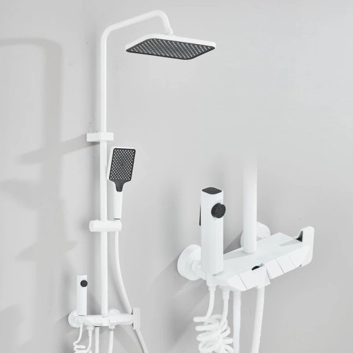 Set de duș cu cap de duș de tip ploaie 27,5 x 18,5 cm și duș manual baterie montată pe perete ABS și oțel inoxidabil tijă ajustabilă 85-120 cm pentru baie