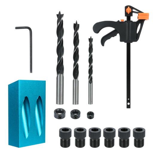 Set de găurire în unghi pentru lemn la 15° cu opritoare și burghie de 6/8/10 mm, adaptoare de localizare albastre, limitatoare, clemă pentru cheie, set de 15 piese