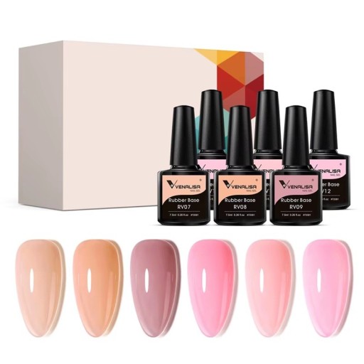 Set de geluri pentru unghii 6 buc 7,5 ml Bază din cauciuc Rubber Base fără HEMA și TPO UV LED rezistență semi-permanentă 3 săptămâni