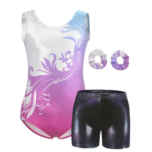 Set de gimnastică pentru fete cu body cu imprimeu ornamental, pantaloni scurți negri lucioși și 2 elastice pentru păr din poliester și elastan