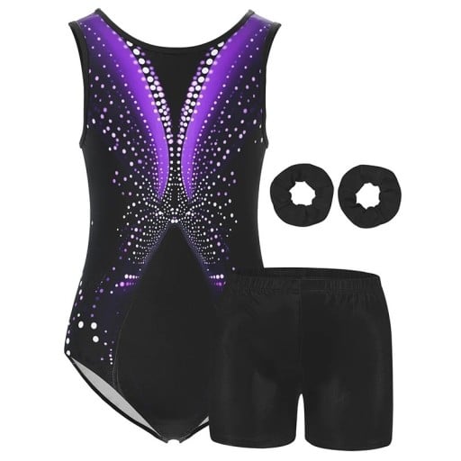 Set de gimnastică pentru fete cu body negru cu motiv de fluture violet, pantaloni scurți negri lucioși și 2 elastice pentru păr din poliester și elastan