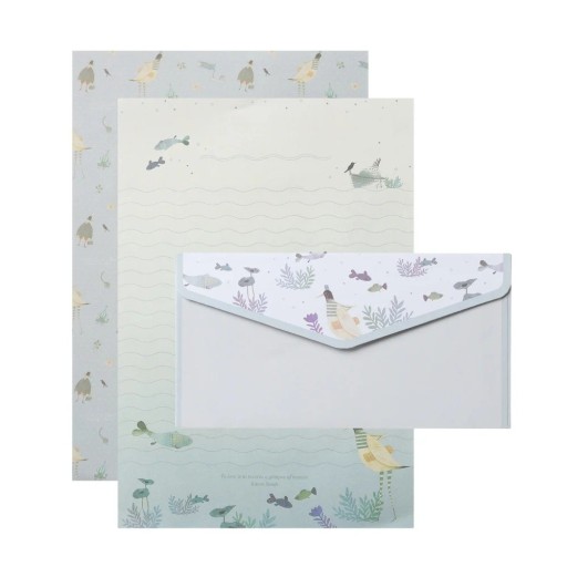 Set de hârtie de scris și plicuri 14 x 21 cm 6 foi de hârtie 8,5 x 16,5 cm 3 plicuri mare pești păsări set de scris albastru