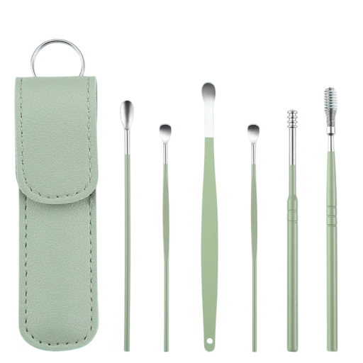 Set de instrumente de curățare a urechilor, 6 bucăți, cu carcasă, răzuitoare multifuncționale din oțel inoxidabil, îndepărtarea cerii, instrumente de igienă casnică