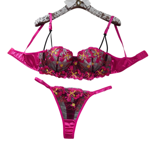 Set de lenjerie pentru femei din dantelă cu broderie florală, sutien și chiloți, poliester, elastan, roz, pentru purtare zilnică