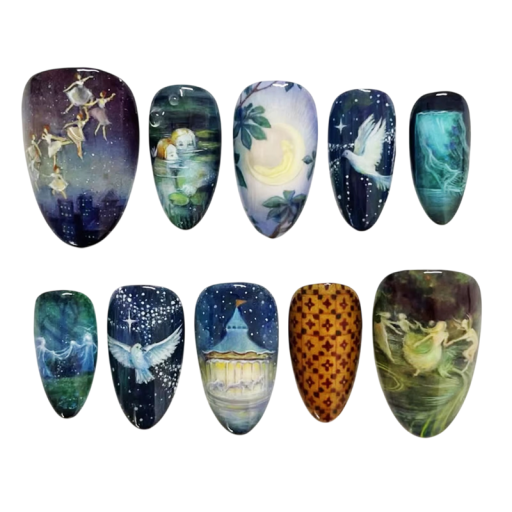 Set de manicura elegante 24 uñas decorativas forma almendrada 25,6–18,3 mm 12 tamaños Diseños brillantes y dulces con pegamento