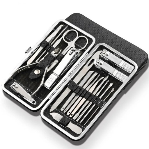 Set de manicura y pedicura de acero inoxidable Herramientas profesionales para uñas de manos y pies Tijeras de manicura, lima, cuchara para oídos, alicates, pinzas Juego de herramientas en estuche de cuero 19 piezas