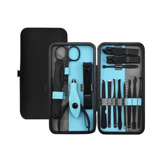 Set de manucure et de pédicure dans un étui en cuir noir Set d'outils pour le soin des ongles des pieds, des mains et du visage Pince, lime, ciseaux à manucure, pince à épiler, cuillère auriculaire Ensemble de voyage pour ongles en acier inoxydable 15 pcs