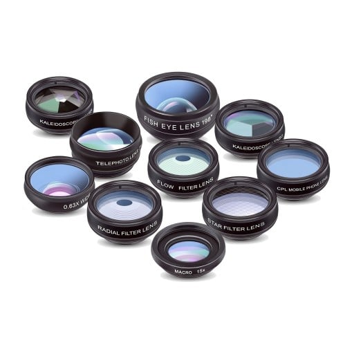 Set de obiective pentru mobil 10in1 Fish Eye 198° Ultra-larg 0,63x Macro 15x Teleobiectiv 2x și 6 filtre cu clemă Negru pentru iOS și Android