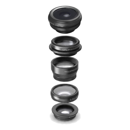 Set de obiective pentru mobil 5 în 1 Pește ochi 198° Larg 0,63x Macro 15x Teleobiectiv 2x și filtru CPL cu clip Negru pentru iOS și Android