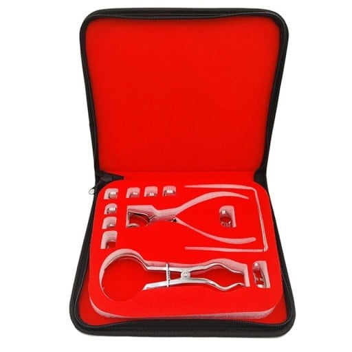 Set de perforatoare pentru dentiști cu geantă din piele și clești instrumente ortodontice din oțel inoxidabil cu clips pentru barieră și perforator