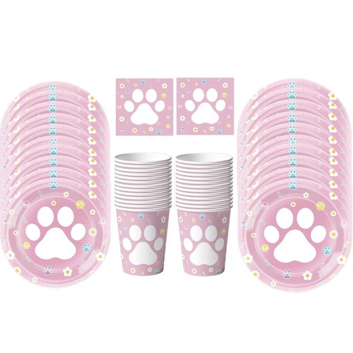Set de petrecere cu vase Pata de pisică 50 buc Talere 17,8 și 22,9 cm Canițe Servetele Roz set de unică folosință pentru petrecerea de naștere