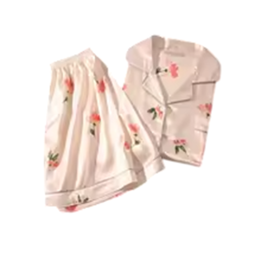Set de pijama din satin pentru femei, cămașă și pantaloni scurți, 2 piese, cămașă cu nasturi și guler cu rever, imprimeu floral, poliester, set pentru dormit