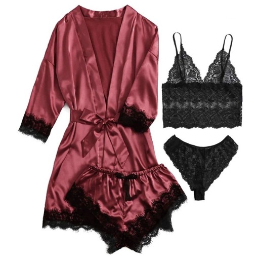 Set de pijamale din satin pentru femei, 4 piese, cu dantelă, halat, pantaloni scurți, sutien și chiloți, poliester și elastan, lenjerie de noapte și de corp