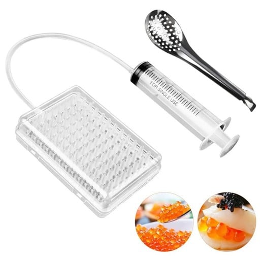 Set de producție a caviarului cu dozator cu 96 de cavități din policarbonat și silicon cu seringa, sită și linguriță pentru gastronomie moleculară