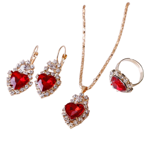 Set de regalo para mujer: collar, pendientes y anillo en forma de corazón