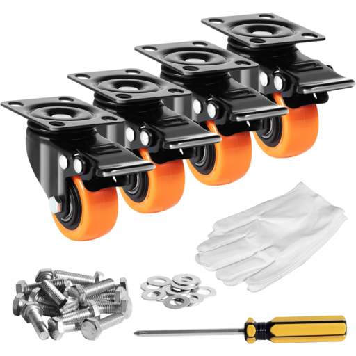 Set de roți pivotante cu frână 113×71×52×24 mm, negru cu roată portocalie, 4 bucăți în set, inclusiv accesorii de montaj
