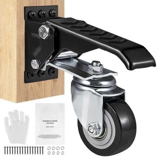 Set de roți pivotante cu frână 160×70×174 mm, finisaj negru, construcție metalică, 4 bucăți în set, inclusiv șuruburi și mănuși