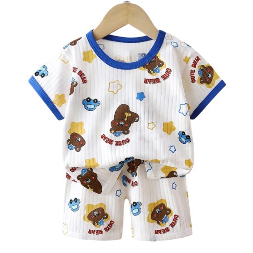 Set de vară unisex pentru copii, tricou cu mânecă scurtă, nasturi, pantaloni scurți cu elastic, decolteu rotund, imprimeu alb cu urși