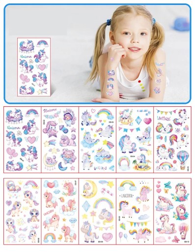 Set di 10 fogli di tatuaggi temporanei 12 x 7 cm con unicorni, arcobaleni, fiori e cuori, adesivi per il corpo colorati