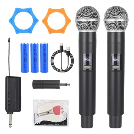 Set di 2 microfoni wireless con display LED e ricevitore da 6,35 mm Batteria ricaricabile Ricarica USB Accessori inclusi