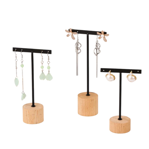 Set di 3 supporti per orecchini e gioielli a forma di T, supporto in metallo con base in legno, organizer per orecchini e piccoli gioielli
