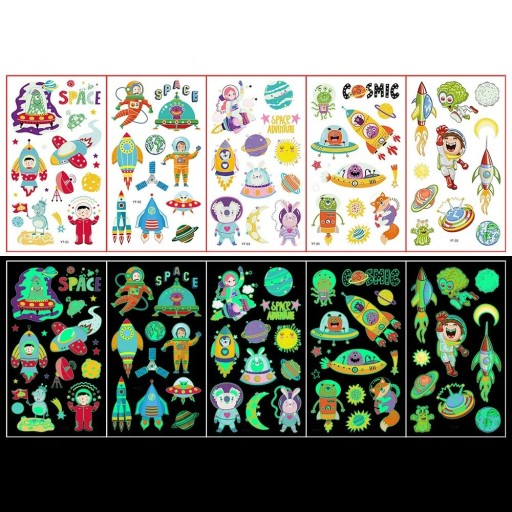 Set di 5 fogli di tatuaggi temporanei luminosi a tema spaziale colorati per bambini con effetto diurno e notturno