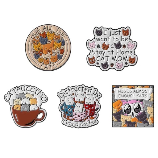 Set di 5 pin smaltati a forma di gatto con scritte e tazze motivi disegnati spille colorate in metallo per giacca zaino accessorio per abbigliamento