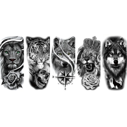 Set di 5 tatuaggi temporanei leone lupo tigre 21 x 11,4 cm Tatuaggi adesivi impermeabili Adesivi per tatuaggi Per uomini e donne Decorazione corporea temporanea