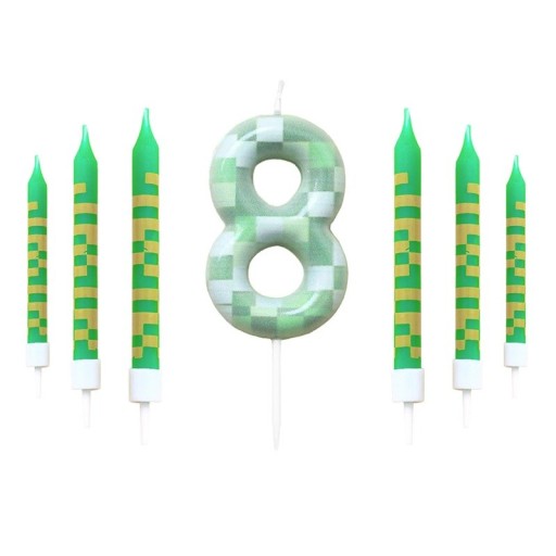 Set di 7 candele verdi per compleanno a tema Pixel Decorazioni per torta Videogioco Candele con numeri da 0 a 9 Festa di compleanno 9,5x0,8cm