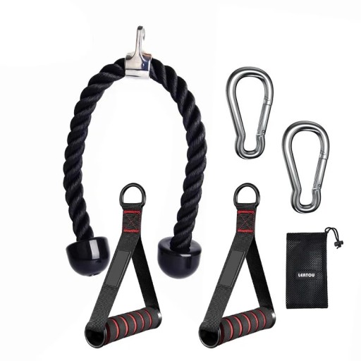 Set di accessori per pulegge: corda per tricipiti 70 cm 2x maniglie con impugnatura in schiuma 2x moschettoni e borsa per allenamento di forza e condizionamento