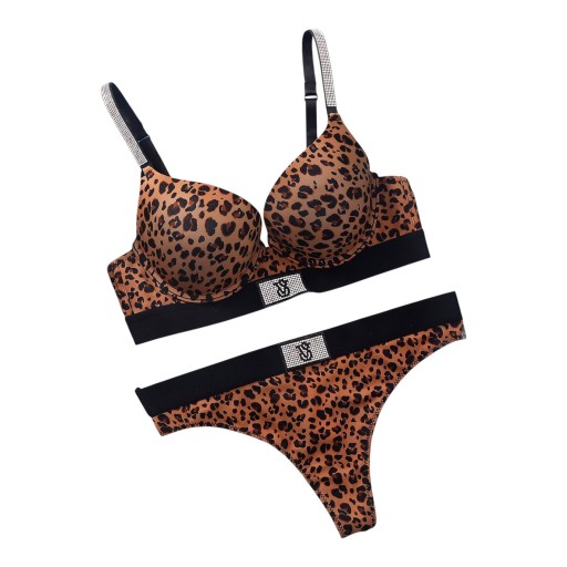 Set di biancheria intima da donna con reggiseno push-up e perizoma con spalline decorate con strass e bordo elastico nero in motivo leopardato marrone