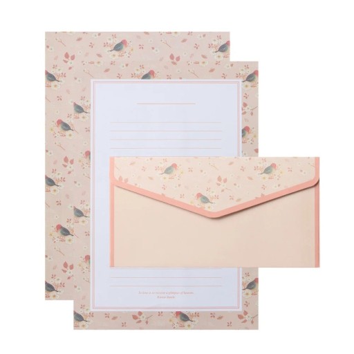 Set di carta da lettera e buste 14 x 21 cm 6 fogli di carta 8,5 x 16,5 cm 3 buste uccelli fiori set di scrittura rosa