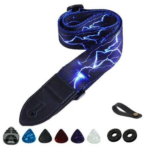 Set di cinturini per chitarra 10 pezzi con motivo fulmine in PU e cotone per ukulele e basso con plettro, supporto e fissaggio