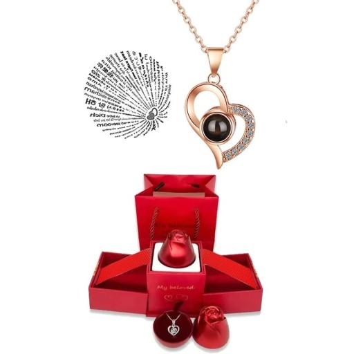 Set di collana proiettiva a forma di cuore con catena in titanio e ciondolo in rame Proiezione Ti amo in 100 lingue Scatola a forma di rosa