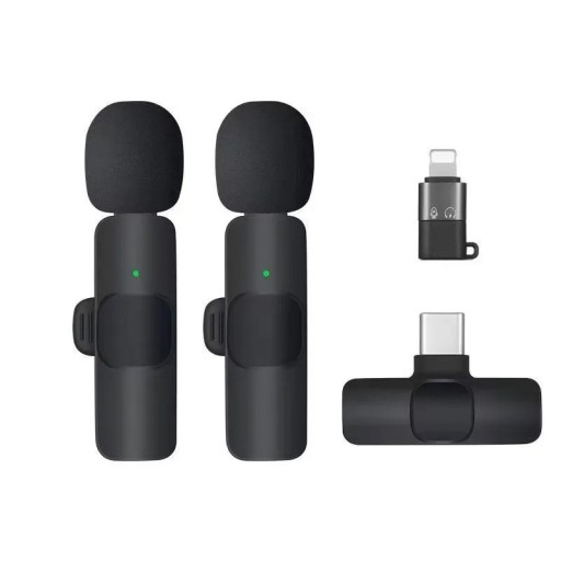 Set di due microfoni a clip wireless con ricevitori per iPhone e Android con accoppiamento automatico, riduzione del rumore e semplice controllo