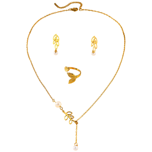 Set di gioielli design botanico in acciaio inossidabile 316L Collana 45+5 cm Orecchini 3,3 cm Anello regolabile Motivo perla e foglia per donne