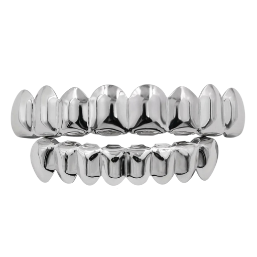 Set di griglie dentali hip hop 7,5x1,2 cm e 5x1 cm Grillz superiori e inferiori con inserto in silicone Denti lucidi Gioiello per uomini e donne