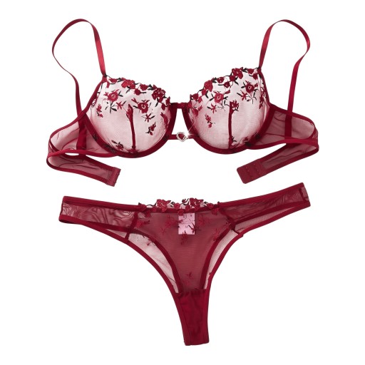 Set di lingerie trasparente bordeaux con reggiseno con ferretto e culotte con fiori ricamati e cuoricino tra i coppe