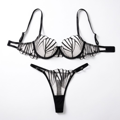 Set di lingerie trasparente nera con reggiseno con ferretti e ricamo a ventaglio e perizoma con spalline regolabili ai lati