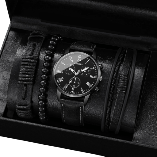 Set di orologi da uomo con cinturino in pelle nera e 3 braccialetti in pelle Accessorio moderno Set elegante Regalo raffinato per uomini