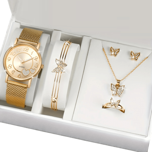 Set di orologi e gioielli da donna in lega dorata Collana bracciale orecchini anello Farfalla Accessori eleganti Regalo di lusso per donne