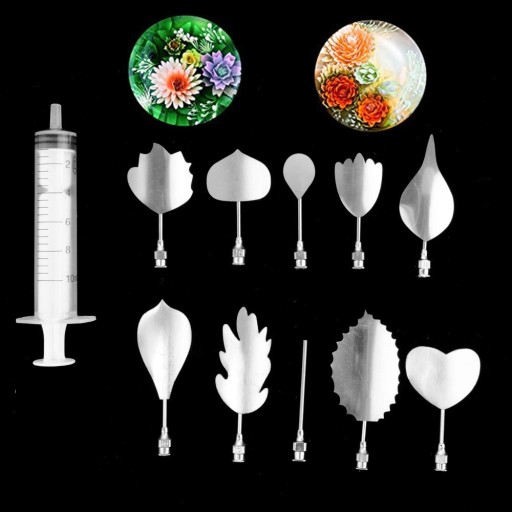 Set di stampi per la produzione di fiori di gelatina 11 pezzi Adattatori in acciaio inossidabile a forma di petali e foglie Siringa in plastica
