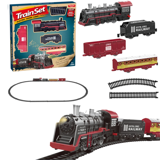 Set di treni ferroviari con vagoni e binari 97 x 72 cm Pista ferroviaria in plastica Pista per bambini 14 pezzi di binari Locomotiva e 3 vagoni