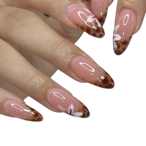 Set di unghie in acrilico di design 24 pz Forma a mandorla Manicure francese Motivo floreale e leopardato 12 misure Colla lima