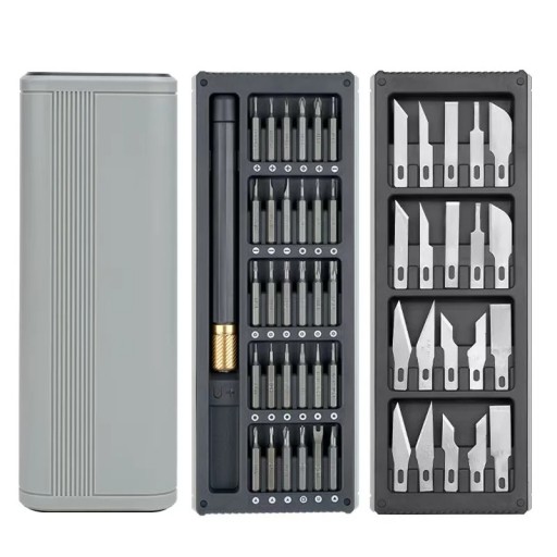Set Electric Screwdriver and Precision Blades Magnetic Attachments Bits Various Sizes Portable Metal Case Practical Repair Set