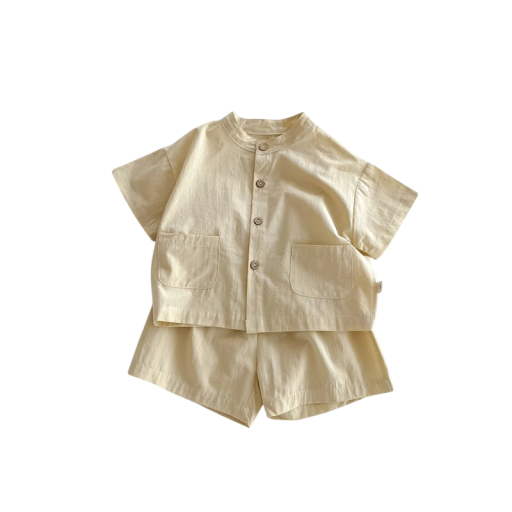 Set estivo unisex per bambini Camicia di cotone a maniche corte Bottoni e tasche Design monocolore Pantaloni corti comodi