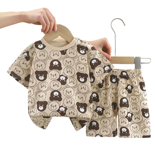 Set estivo unisex per bambini Maglietta in cotone a maniche corte Collo rotondo Colore marrone Stampa di orsetti Pantaloni corti comodi