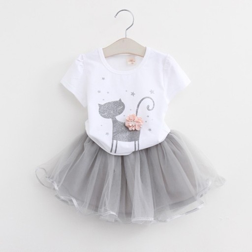 Set fetita - Tricou cu pisica si stele si fusta J1274