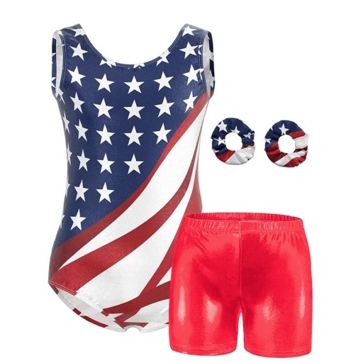 Set ginnico per ragazze con body stampato con la bandiera americana, pantaloni corti rossi lucidi e 2 elastici per capelli in poliestere ed elastan